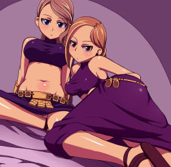 Rule 34 | 2girls, all fours, ass, assassin, bare shoulders, belt, blue eyes, blush, breasts, brown eyes, brown hair, buckle, celia, dutch angle, final fantasy, final fantasy tactics, large breasts, lettie, looking at viewer, midriff, multiple girls, nanakura nanane, navel, short hair, skirt, spread legs, stomach