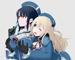 Rule 34 | 2girls, absurdres, ascot, atago (kancolle), beret, black gloves, black hair, blonde hair, blue headwear, grabbing another&#039;s breast, breasts, commentary request, from behind, gloves, grabbing, green eyes, grey background, groping, hat, highres, kantai collection, large breasts, long hair, military, military uniform, multiple girls, one eye closed, pen, red eyes, short hair, simple background, smile, takao (kancolle), toriniku senshi chikinman, uniform, upper body, white ascot