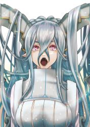 Rule 34 | 1girl, :o, blue hair, braid, breasts, chi wa, crossed bangs, curled horns, dragon girl, dress, fangs, fate/grand order, fate/grand order arcade, fate (series), highres, horns, large breasts, larva tiamat (fate), larva tiamat (third ascension) (fate), long hair, long horns, looking at viewer, pointy ears, purple eyes, ribbed dress, short eyebrows, simple background, solo, symbol-shaped pupils, tiamat (fate), upper body, very long hair, white background, x-shaped pupils