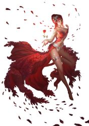 Rule 34 | 1girl, absurdres, bare legs, bare shoulders, barefoot, breasts, cleavage, dress, feet, female focus, flower, full body, hair ornament, highres, jewelry, large breasts, league of angels, legs, lips, long hair, navel, pendant, petals, realistic, red dress, red eyes, red hair, rike lee, rose, rose petals, smile, solo, transparent background