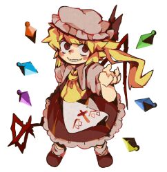 Rule 34 | 1girl, ascot, blonde hair, blush stickers, bow, crystal, ezier, flandre scarlet, frilled skirt, frills, grin, hat, hat bow, highres, laevatein (touhou), mob cap, red bow, red eyes, red footwear, red shirt, red skirt, sharp teeth, shirt, side ponytail, skirt, smile, solo, standing, teeth, touhou, yellow ascot