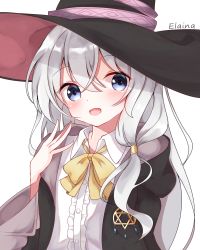 Rule 34 | 1girl, :d, absurdres, black cloak, black coat, black hat, blush, bow, character name, cloak, coat, collared shirt, commentary, dot nose, elaina (majo no tabitabi), emblem, hair between eyes, hand to own mouth, hand up, hat, highres, kabocya na, long hair, long sleeves, majo no tabitabi, open mouth, purple eyes, shirt, silver hair, simple background, smile, solo, upper body, white background, white shirt, wide sleeves, witch hat, yellow bow, yellow neckwear