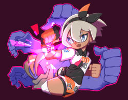 Rule 34 | 1girl, bea (pokemon), bear ringer, black bodysuit, black hairband, bodysuit, bodysuit under clothes, bow hairband, clenched hands, collared shirt, commentary request, creatures (company), dynamax band, game freak, gen 1 pokemon, gloves, grey eyes, grey hair, gym leader, hair between eyes, hairband, highres, knee pads, machamp, nintendo, open mouth, partially fingerless gloves, pokemon, pokemon (creature), pokemon swsh, print shirt, print shorts, shirt, short hair, short sleeves, shorts, side slit, side slit shorts, single glove, tied shirt