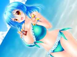 Rule 34 | 1girl, beach, bikini, blue hair, blush, breasts, cleavage, cloud, collarbone, double v, female focus, highres, hip focus, huge breasts, kogarashi (wind of winter), navel, ocean, open mouth, original, outdoors, shiny skin, smile, solo, standing, swimsuit, thighs, v, water, wet, yellow eyes