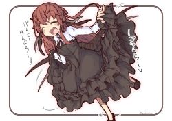 Rule 34 | 1girl, :d, ^ ^, ascot, ayase yuuki (mikan mochi), bat wings, black ascot, black border, black dress, black footwear, blush, border, closed eyes, collared shirt, commentary request, dot nose, dress, dress shirt, closed eyes, flapping, frilled dress, frills, full body, hair between eyes, happy, head wings, juliet sleeves, koakuma, long hair, long sleeves, low wings, open mouth, puffy sleeves, shirt, sidelocks, simple background, sketch, smile, teeth, touhou, translation request, twitter username, upper teeth only, very long hair, white background, white shirt, wings