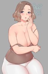 Rule 34 | 1girl, agawa ryou, arm under breasts, artist name, bare shoulders, blush, breasts, brown camisole, brown hair, camisole, cleavage, collarbone, commentary, covered navel, cowboy shot, dated, english commentary, grey background, hand on own face, hand up, large breasts, looking at viewer, mature female, numbered, open mouth, original, pants, parted lips, partially undressed, purple eyes, short hair, simple background, solo, thick thighs, thighs, wavy hair, white pants