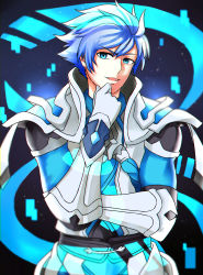 Rule 34 | 1boy, absurdres, armor, blue eyes, blue hair, character request, cowboy shot, gloves, hand up, highres, litchi (taechiii2), looking at viewer, male focus, parted lips, solo, standing, swept bangs, wangzhe rongyao, white gloves