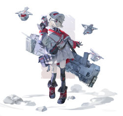 Rule 34 | 1girl, asymmetrical legwear, bandage on face, bandaged leg, bandages, black legwear, controller, drone, gloves, hand up, hat, highres, holding, holding remote control, jacket, knee pads, long sleeves, naasaa, one eye covered, original, over shoulder, pocket, red eyes, red footwear, remote control, short hair, single knee pad, solo, standing, torn clothes, torn hat, torn jacket, uneven legwear, white background, white hair, white hat, white jacket