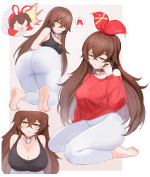 Rule 34 | absurdres, amber (genshin impact), ass, baron bunny (genshin impact), breasts, brown hair, cleavage, collar, genshin impact, highres, large breasts, looking at viewer, looking back, mature female, aged up, red sweater, riba, simple background, soles, sports bra, sweater, yellow eyes