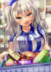 Rule 34 | 10s, 1girl, absurdres, alternate costume, armadillo-tokage, bad id, bad pixiv id, blue eyes, blush, breast press, breasts, clerk, convenience store, employee uniform, hair between eyes, highres, huge breasts, kantai collection, kashima (kancolle), large breasts, lawson, long hair, looking at viewer, parted lips, shop, short sleeves, silver hair, smile, solo, tsurime, twintails, uniform, upper body, valentine, wavy hair