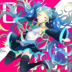 Rule 34 | 1girl, ^ ^, aqua necktie, blue hair, blue ribbon, boots, closed eyes, curly hair, detached sleeves, dutch angle, floating hair, full body, grey shirt, hair ribbon, happy, hatsune miku, highres, long hair, necktie, pink background, pink string, ribbon, shirt, simple background, skirt, sleeveless, sleeveless shirt, smile, sogawa, solo, solo focus, teeth, thigh boots, thighhighs, thighs, twintails, two-tone background, very long hair, vocaloid, white background