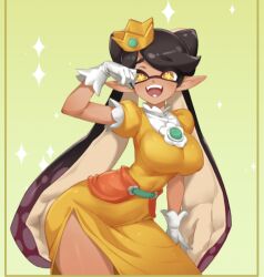 Rule 34 | + +, 1girl, breasts, callie (splatoon), cosplay, covered erect nipples, crossover, crown, dress, gloves, large breasts, little blood, mario (series), nintendo, pointy ears, princess, princess daisy, princess daisy (cosplay), short sleeves, splatoon (series), tentacle hair, twintails, yellow eyes