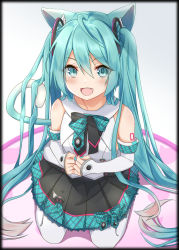 Rule 34 | 1girl, animal ears, animal print, aqua eyes, aqua hair, bare shoulders, black skirt, blouse, cat day, cat ears, cat girl, cat print, cat tail, commentary, detached sleeves, divergenceok, fang, from above, hair ornament, hatsune miku, highres, long hair, looking at viewer, magical mirai (vocaloid), magical mirai miku, magical mirai miku (2017), open mouth, own hands together, plaid, plaid skirt, pleated skirt, seiza, shirt, shoulder tattoo, sitting, skirt, smile, solo, tail, tattoo, twintails, very long hair, vocaloid, white legwear, white shirt, white sleeves