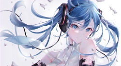 Rule 34 | 1girl, absurdres, bad id, bad pixiv id, bare shoulders, black sleeves, blue eyes, blue hair, clothing cutout, commentary, debris, detached sleeves, glowing tattoo, hair ornament, hatsune miku, hatsune miku (append), head tilt, headphones, highres, light smile, long hair, looking at viewer, nekome toworu, shirt, shoulder tattoo, sleeveless, sleeveless shirt, solo, stomach cutout, tattoo, twintails, twitter username, upper body, very long hair, vocaloid, vocaloid append, white background, white shirt
