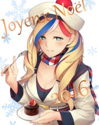 Rule 34 | 10s, 1girl, 2016, absurdres, belt, belt buckle, beret, blonde hair, blue eyes, blue hair, breasts, buckle, cake, cleavage, collarbone, commandant teste (kancolle), enosan, fingernails, food, fork, french text, fruit, grin, hat, highres, holding, holding fork, kantai collection, long hair, long sleeves, looking at viewer, matching hair/eyes, md5 mismatch, medium breasts, merry christmas, multicolored clothes, multicolored hair, multicolored scarf, plate, red hair, scarf, smile, snowflake background, solo, strawberry, typo, white background, white hair