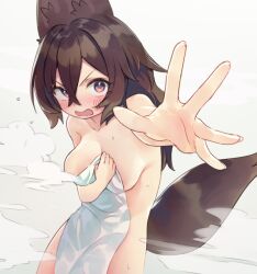 Rule 34 | 1girl, animal ears, blush, breasts, brown hair, covering privates, cowboy shot, hair between eyes, long hair, looking at viewer, medium breasts, nude cover, open mouth, original, purple eyes, reaching, reaching towards viewer, simple background, solo, steam, tail, towel, white background, wolf ears, wolf tail, wolflove