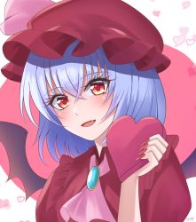 Rule 34 | 1girl, :d, black wings, blue hair, blush, demon wings, fang, fingernails, hair between eyes, hat, looking at viewer, nail polish, open mouth, pink neckwear, red eyes, red hat, red nails, red shirt, remilia scarlet, sharp fingernails, shirt, short hair, short sleeves, smile, solo, souyoru, touhou, upper body, valentine, wings