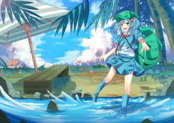 Rule 34 | 1girl, absurdres, backpack, bag, beach umbrella, blue eyes, blue footwear, blue hair, blush, boots, day, green hat, hair bobbles, hair ornament, hat, highres, hongfen, kawashiro nitori, looking at viewer, mushroom, open mouth, palm tree, rubber boots, short hair, short twintails, smile, solo, touhou, tree, twintails, two side up, umbrella, water