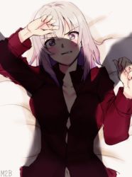 Rule 34 | 10s, 1girl, artist name, bed, blue eyes, dress shirt, from above, girls und panzer, grimace, itsumi erika, long hair, long sleeves, looking at viewer, lying, mityubi, on back, red shirt, shadow, shirt, silver hair, unbuttoned, unbuttoned shirt, upper body