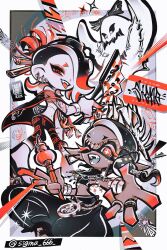 Rule 34 | 1boy, 2girls, baggy pants, big man (splatoon), bracelet, chest sarashi, earrings, eyeshadow, fangs, frye (splatoon), ghost costume, hand fan, highres, inkling player character, jewelry, looking at another, makeup, manta ray, multiple girls, navel, nintendo, octoling player character, one eye closed, open mouth, outside border, outstretched arm, pants, paper fan, red eyes, ring, sarashi, shiver (splatoon), smile, splatoon (series), splatoon 3, surimi special, tentacle hair, tongue, tongue out, tooth earrings