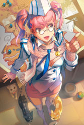 Rule 34 | 1girl, aide sarisen, cat, from above, glasses, happy, hat, indoors, looking away, lowres, open mouth, perspective, pink eyes, pink hair, sarisen (sword girls), scarf, skirt, standing, sword girls, thighhighs, twintails, uniform