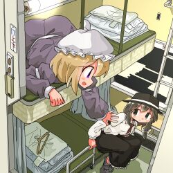 Rule 34 | 2girls, bed, black hat, black sleeves, blonde hair, blush, brown eyes, brown hair, brown necktie, bunk bed, closed mouth, clothes hanger, collared shirt, commentary request, curtains, dress, frilled skirt, frills, hat, indoors, kasuya baian, long sleeves, looking at another, maribel hearn, medium hair, multiple girls, necktie, on bed, open mouth, partial commentary, purple dress, purple eyes, shirt, sitting, skirt, smile, touhou, usami renko, white mob cap, white shirt, window