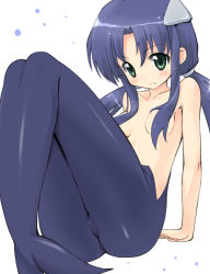 Rule 34 | 1girl, aikei, blue hair, blush, body blush, breasts, completely nude, green eyes, hair censor, hair over breasts, knees up, looking at viewer, mermaid, monster girl, nude, simple background, sitting, small breasts, solo, twintails