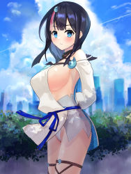 Rule 34 | 1girl, arms behind back, bare shoulders, black hair, blue eyes, blue ribbon, blue sky, blush, breasts, collarbone, detached leggings, dress, fate/grand order, fate/requiem, fate (series), fundoshi, japanese clothes, jewelry, large breasts, long sleeves, looking at viewer, magatama, magatama hair ornament, magatama necklace, medium hair, multicolored hair, necklace, pan korokorosuke, pelvic curtain, pink hair, puffy long sleeves, puffy sleeves, resolution mismatch, ribbon, seigaiha, short dress, sideboob, sideless outfit, sidelocks, sky, solo, source smaller, streaked hair, thighs, utsumi erice, white dress, white legwear