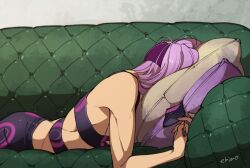 Rule 34 | 1boy, couch, cushion, head rest, jojo no kimyou na bouken, lying, male focus, medium hair, melone, mojisan (ebimo), on couch, on stomach, purple hair, signature, single bare shoulder, sleeping, solo, upper body