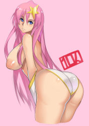 Rule 34 | 00s, 10hmugen, 1girl, ass, blue eyes, blush, breasts, gloves, gundam, gundam seed, gundam seed destiny, hair ornament, highres, large breasts, leaning, leaning forward, long hair, looking at viewer, meer campbell, nipples, panties, parted lips, pink background, puffy nipples, shiny clothes, shiny skin, simple background, smile, solo, star (symbol), star hair ornament, topless, underwear, very long hair