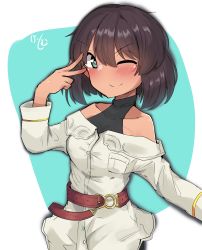 Rule 34 | 1girl, ;), absurdres, artist name, belt, black shirt, blouse, bob cut, brown belt, brown hair, casual, closed mouth, commentary, cosplay, dark-skinned female, dark skin, girls und panzer, granblue fantasy, green eyes, halterneck, highres, hoshino (girls und panzer), kshimu, long sleeves, looking at viewer, monika weisswind, off-shoulder blouse, one-hour drawing challenge, one eye closed, shirt, short hair, signature, smile, solo, standing, v, white shirt