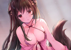 Rule 34 | 07touka25, 1girl, animal ears, bare shoulders, blush, breasts, brown hair, cleavage, collarbone, earrings, eyebrows, hair ornament, highres, jewelry, large breasts, long hair, looking at viewer, mole, mole on breast, original, parted lips, tail