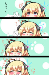Rule 34 | 1girl, 1other, 4koma, :d, :t, absurdres, ahoge, akari (blue archive), blonde hair, blue archive, blue eyes, blush, braid, braided bangs, chibi, closed eyes, closed mouth, comic, gloves, hair between eyes, halo, hand up, hands up, highres, horns, kurukurumagical, open mouth, out of frame, sensei (blue archive), smile, symbol-shaped pupils, translation request, white gloves, x-shaped pupils