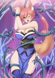 Rule 34 | 10s, 1girl, ahoge, animal ears, arm up, armpits, arms up, bare shoulders, blue thighhighs, blush, bound, bound ankles, bound torso, bow, breasts, cleavage, cleavage cutout, clothing cutout, dress, eyebrows, eyelashes, fate/extella, fate/extra, fate/extra ccc, fate/grand order, fate (series), fox ears, fox tail, grass, hair between eyes, hair bow, highres, japanese clothes, kitsune, large breasts, licking, long hair, looking at viewer, midriff, no bra, nose blush, obi, one eye closed, open mouth, orange eyes, pelvic curtain, pink hair, ponytail, purple background, purple bow, restrained, saliva, saliva trail, sash, scared, signature, simple background, sleeveless, sleeveless dress, solo, standing, tail, tamamo (fate), tamamo no mae (fate/extra), tears, tentacles, the-sinner, thighhighs, tongue, torn clothes, wide hips