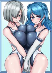 Rule 34 | 2girls, absurdres, black one-piece swimsuit, blue eyes, blue hair, blush, breast press, breasts, competition swimsuit, double bun, hair bun, hair ornament, hair over one eye, hairclip, hamakaze (kancolle), highres, holding hands, interlocked fingers, kantai collection, large breasts, multiple girls, one-piece swimsuit, open mouth, short hair, smile, swimsuit, symmetrical docking, tokiwa senkei, two-tone swimsuit, urakaze (kancolle), white hair
