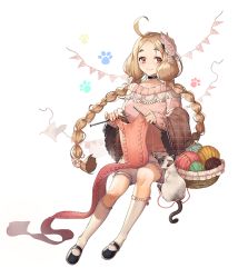 Rule 34 | 1girl, ahoge, bad id, bad pixiv id, basket, black footwear, blue eyes, blush, braid, brown eyes, brown hair, cat, closed mouth, eyebrows, full body, hair ornament, holding, kneehighs, knitting, knitting needle, long hair, looking at viewer, mary janes, needle, original, pink sweater, shoes, shorts, simple background, sitting, smile, socks, solo, sweater, thick eyebrows, twin braids, very long hair, white background, white socks, yamijam, yarn, yarn ball