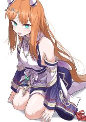 Rule 34 | 1girl, animal ears, aqua eyes, bare shoulders, breasts, commentary request, detached sleeves, furrowed brow, hair ornament, highres, horse ears, horse girl, itosu200, jewelry, long hair, looking at viewer, necklace, open mouth, orange hair, seiza, sidelocks, silence suzuka (umamusume), sitting, small breasts, socks, solo, sweat, umamusume, upper body, white background, white socks, wide sleeves