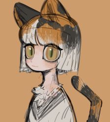 Rule 34 | 1girl, animal ears, bob cut, cat ears, cat tail, closed mouth, furry, furry female, looking at viewer, original, shirt, short hair, simple background, sketch, slit pupils, solo, sparrowl, tail, white shirt, wide-eyed, yellow background, yellow eyes