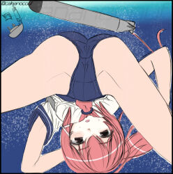 1girl ass blue_one-piece_swimsuit cananocouf commentary_request crotch_seam i-168_(kancolle) kantai_collection long_hair neckerchief one-piece_swimsuit red_eyes red_hair red_neckerchief sailor_collar sailor_shirt shirt solo spread_legs swimsuit torpedo underwater upside-down white_shirt