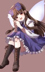 Rule 34 | 1girl, ahodemoaru, ass, blue bow, blue dress, blush, boots, bow, brown background, brown eyes, brown footwear, brown hair, dress, fairy, fairy wings, fingernails, frilled dress, frills, full body, hair bow, highres, knee boots, long hair, long sleeves, looking at viewer, one-hour drawing challenge, open mouth, sleeve garter, smile, solo, star sapphire, thighhighs, touhou, wide sleeves, wings