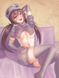 Rule 34 | 1girl, arm behind head, arm up, blush, borrowed character, breasts, destinyplayer1, elbow gloves, gloves, grey eyes, grey gloves, grey hair, grey shorts, grey thighhighs, hand on own hip, highres, large breasts, long hair, looking at viewer, low twintails, minecraft, navel, open mouth, personification, short shorts, short sleeves, shorts, sitting, skeleton (minecraft), smile, solo, thighhighs, twintails, zipper, zipper pull tab