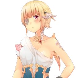 Rule 34 | 10s, 1girl, asymmetrical clothes, au ra, bad id, bad pixiv id, bare shoulders, blonde hair, blush, breasts, cleavage, eyepatch, final fantasy, final fantasy xiv, hair ornament, highres, horns, looking at viewer, off shoulder, pink eyes, rima (rimarip), scales, short hair, simple background, solo, summoner (final fantasy), upper body, warrior of light (ff14), white background, wings