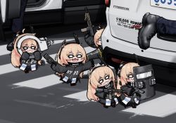 Rule 34 | 0 0, 6+girls, :3, alternate costume, assault rifle, ballistic shield, black footwear, black jacket, blonde hair, boots, car, carbine, close-up, commentary request, crosswalk, cuffs, dongdong (0206qwerty), electroshock weapon, ford, girls&#039; frontline, gun, handcuffs, handgun, holding, holding gun, holding handcuffs, holding megaphone, holding weapon, jacket, kolibri, less-than-lethal weapon, low ponytail, m4 carbine, m4 sopmod ii, m4 sopmod ii (girls&#039; frontline), m4 sopmod ii jr, megaphone, motor vehicle, multicolored hair, multiple girls, new york, new york city police department, open mouth, pistol, pocket, police, police car, police uniform, real world location, red hair, rifle, riot shield, ro635 (girls&#039; frontline), robot, shield, sports utility vehicle, st ar-15 (girls&#039; frontline), taser, taser x26, teeth, uniform, weapon