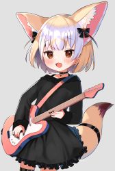 Rule 34 | 1girl, :d, absurdres, alternate costume, animal ear fluff, animal ears, black choker, black dress, black nails, blonde hair, blush, brown eyes, choker, commentary, cowboy shot, dress, extra ears, fennec (kemono friends), fox ears, fox girl, fox tail, grey background, guitar, highres, instrument, kemono friends, long sleeves, looking at viewer, multicolored hair, nail polish, noamem, open mouth, short hair, simple background, smile, solo, tail, thigh strap, two-tone hair, white hair