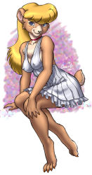 Rule 34 | 00s, 1girl, 2004, animal ears, barefoot, bear, blonde hair, blue eyes, breasts, covered erect nipples, dr comet, feet, female focus, full body, furry, furry female, highres, nipples, solo, tail, toes