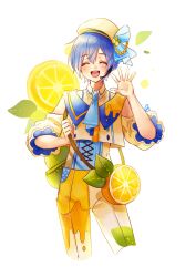 Rule 34 | &gt; &lt;, 1boy, :d, bag, blue hair, blush, buttons, closed eyes, commentary, cropped legs, dripping, food, frilled sleeves, frills, fruit, fruit hat ornament, hachimitsu lemo-lemon (project sekai), hand up, handbag, hat, headphones, highres, holding, holding strap, kaito (vocaloid), lemon, lemon slice, long sleeves, necktie, omochi., open mouth, pants, project sekai, puffy sleeves, shirt, simple background, smile, vocaloid, waving, white background, yellow shirt, yellow theme