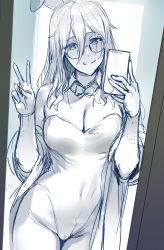 Rule 34 | 1girl, :q, absurdres, akane (blue archive), akane (bunny) (blue archive), animal ears, blue archive, breasts, cleavage, covered navel, fake animal ears, glasses, hair between eyes, hews, highres, holding, holding phone, leotard, long hair, looking at viewer, medium breasts, monochrome, phone, playboy bunny, rabbit ears, sketch, solo, tongue, tongue out, v