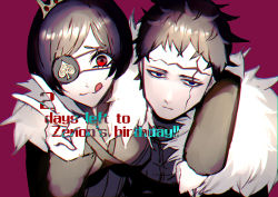 Rule 34 | 1boy, 1girl, absurdres, arm around shoulder, black clover, black hair, blue eyes, brother, closed mouth, coat, english text, eyepatch, frit 2, fur trim, highres, looking at viewer, peace symbol, red eyes, short hair, siblings, sister, tongue, tongue out, unamused, vanica zogratis, zenon zogratis