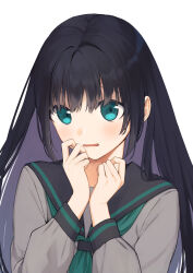 Rule 34 | 1girl, asuka gin, black hair, blue eyes, blush, commentary, hands on own face, highres, long hair, long sleeves, looking at viewer, neckerchief, open mouth, original, school uniform, serafuku, solo, symbol-only commentary, upper body