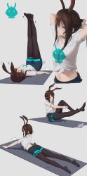 Rule 34 | 1girl, ;t, absurdres, amiya (arknights), animal ears, arknights, ass, black shorts, blue choker, blue eyes, blush, breasts, brown hair, brown pantyhose, cellphone, choker, closed eyes, closed mouth, commentary request, grey background, hair bun, hair up, highres, leg up, pantyhose under shorts, lying, medium breasts, multiple views, no shoes, on back, on stomach, pantyhose, phone, profile, rabbit ears, rabbit girl, rabbit tail, shirt, short shorts, short sleeves, shorts, simple background, single hair bun, smartphone, soles, tail, tied shirt, trembling, white ph, white shirt